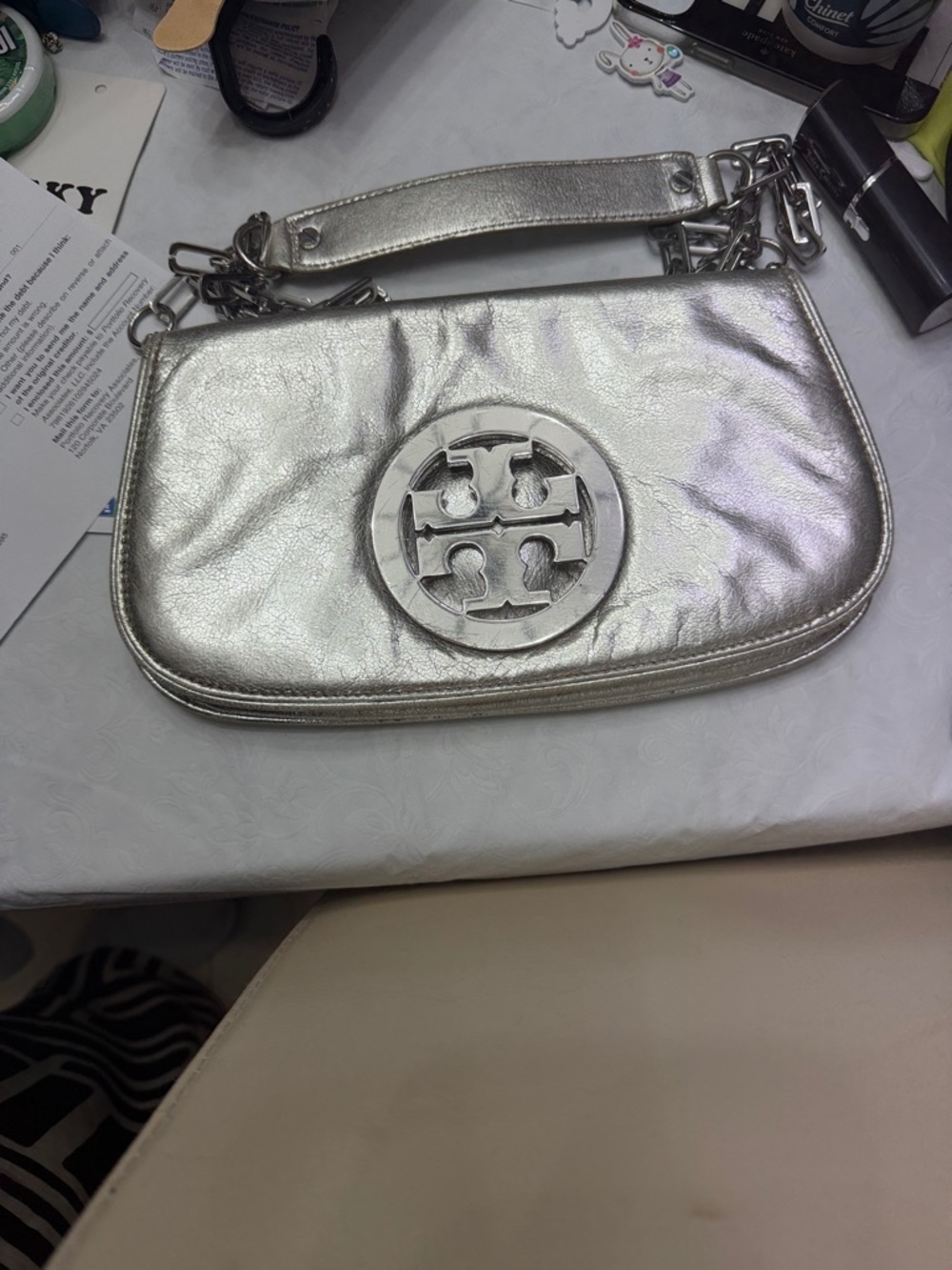 Tory Burch Metallic Silver Logo Crossbody/Wristlet - Picture 3 of 10